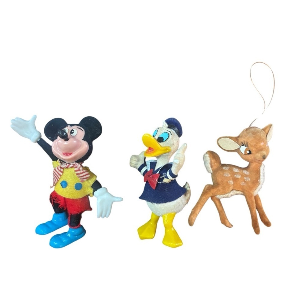 70s Walt Disney Flocked Christmas Ornaments Mickey Mouse & Donald Duck Bambi